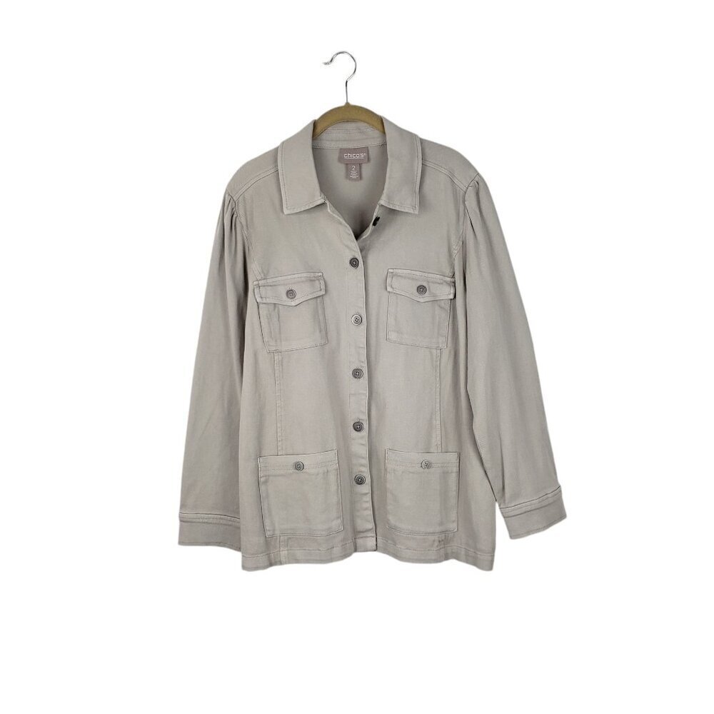 Chicos Four Pocket Jacket NWT Khaki Neutral 570349591 Utility Womens Size 2/L